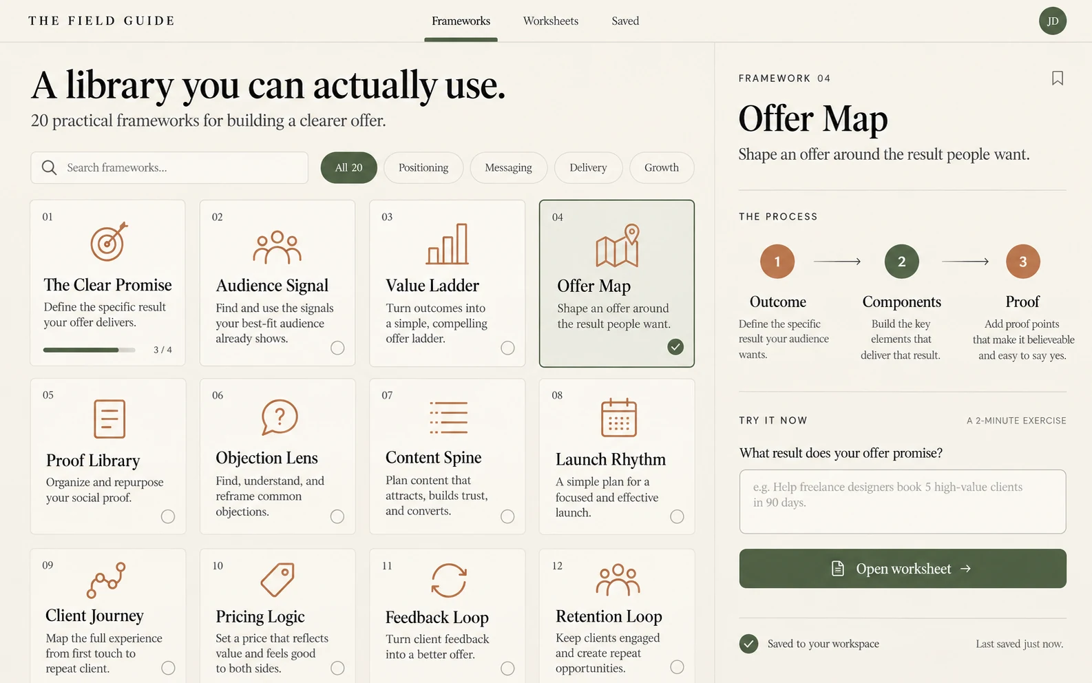 A grid of frameworks with a selected Offer Map worksheet and interactive exercise